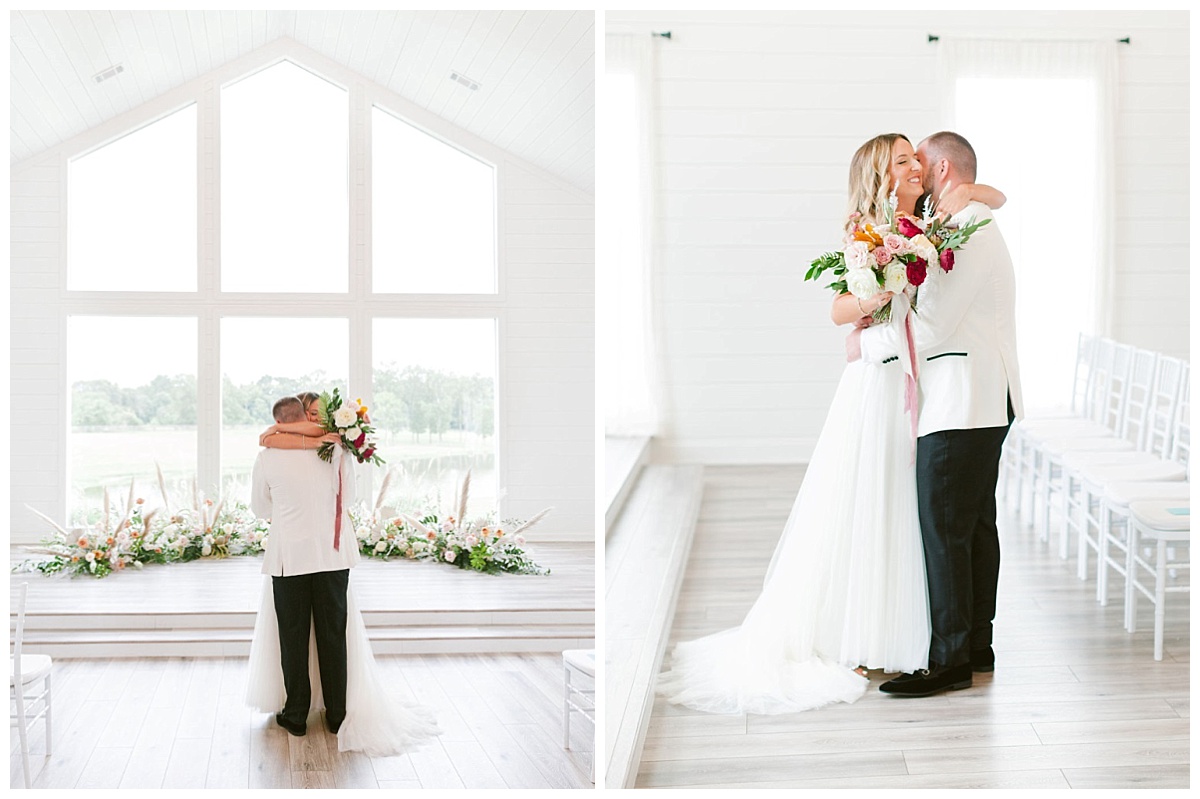 Bride and Groom first look embrace inside Chapel with floor to ceiling windows | The Farmhouse Events Real Weddings | A Summer Vision of Love | Kristin & Rob