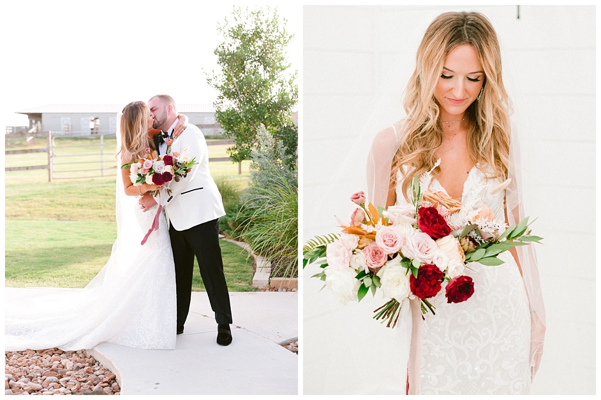 bride and groom outside chapel and close up of bride with bouquet | The Farmhouse Events Real Weddings | A Summer Vision of Love | Kristin & Rob