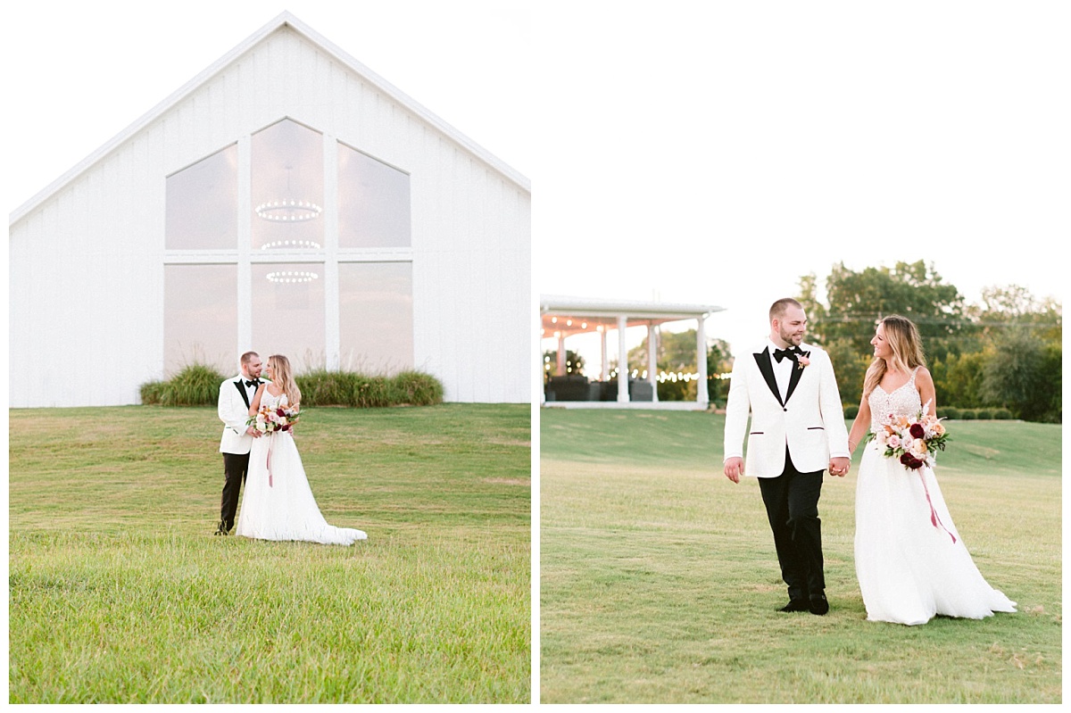 bride and groom on rolling hills and with chapel in the backdrop | The Farmhouse Events Real Weddings | A Summer Vision of Love | Kristin & Rob
