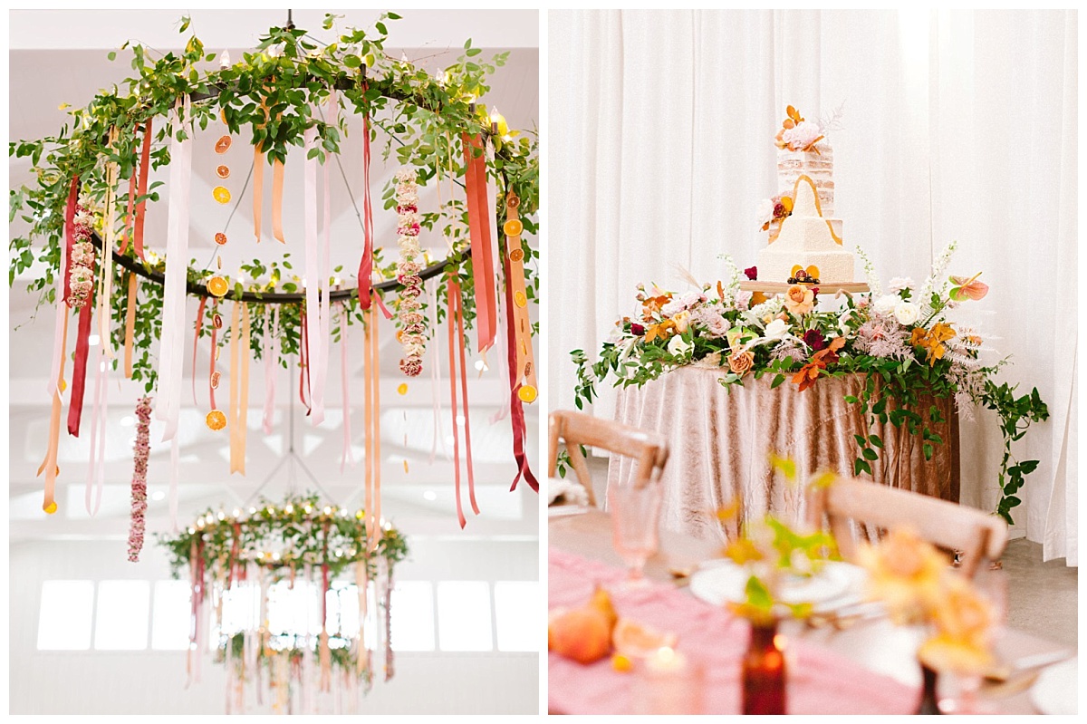 colorful chandelier decoration close up and cake table shot multi colored | The Farmhouse Events Real Weddings | A Summer Vision of Love | Kristin & Rob