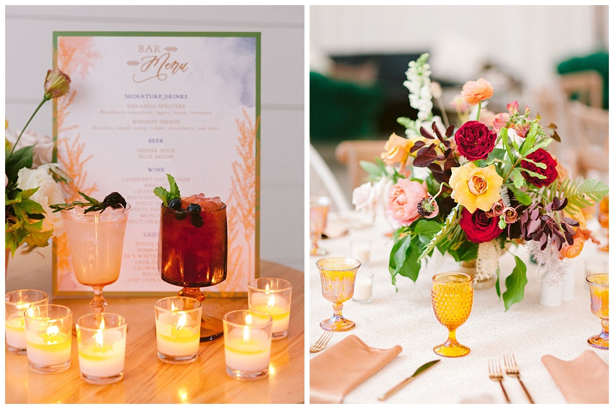 signature bar menu and close up of floral centerpiece | The Farmhouse Events Real Weddings | A Summer Vision of Love | Kristin & Rob