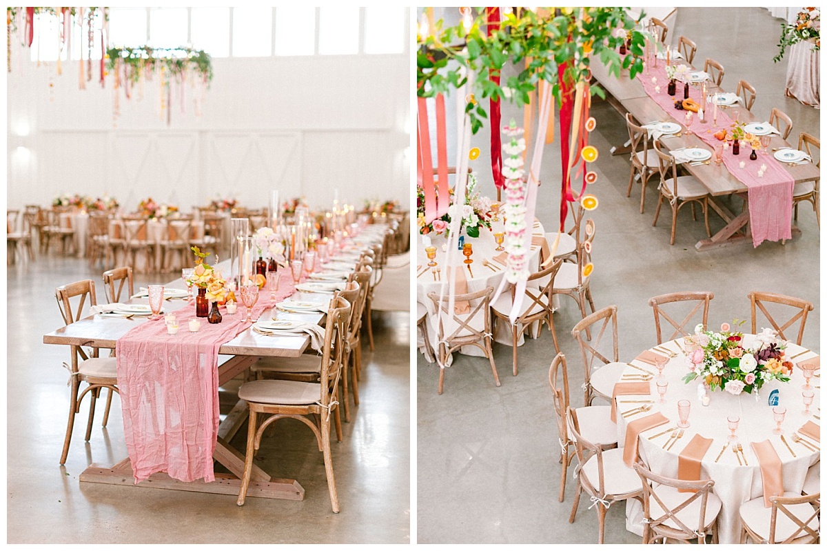 farmhouse table decor and aerial view of chandeliers and reception space decorated | The Farmhouse Events Real Weddings | A Summer Vision of Love | Kristin & Rob