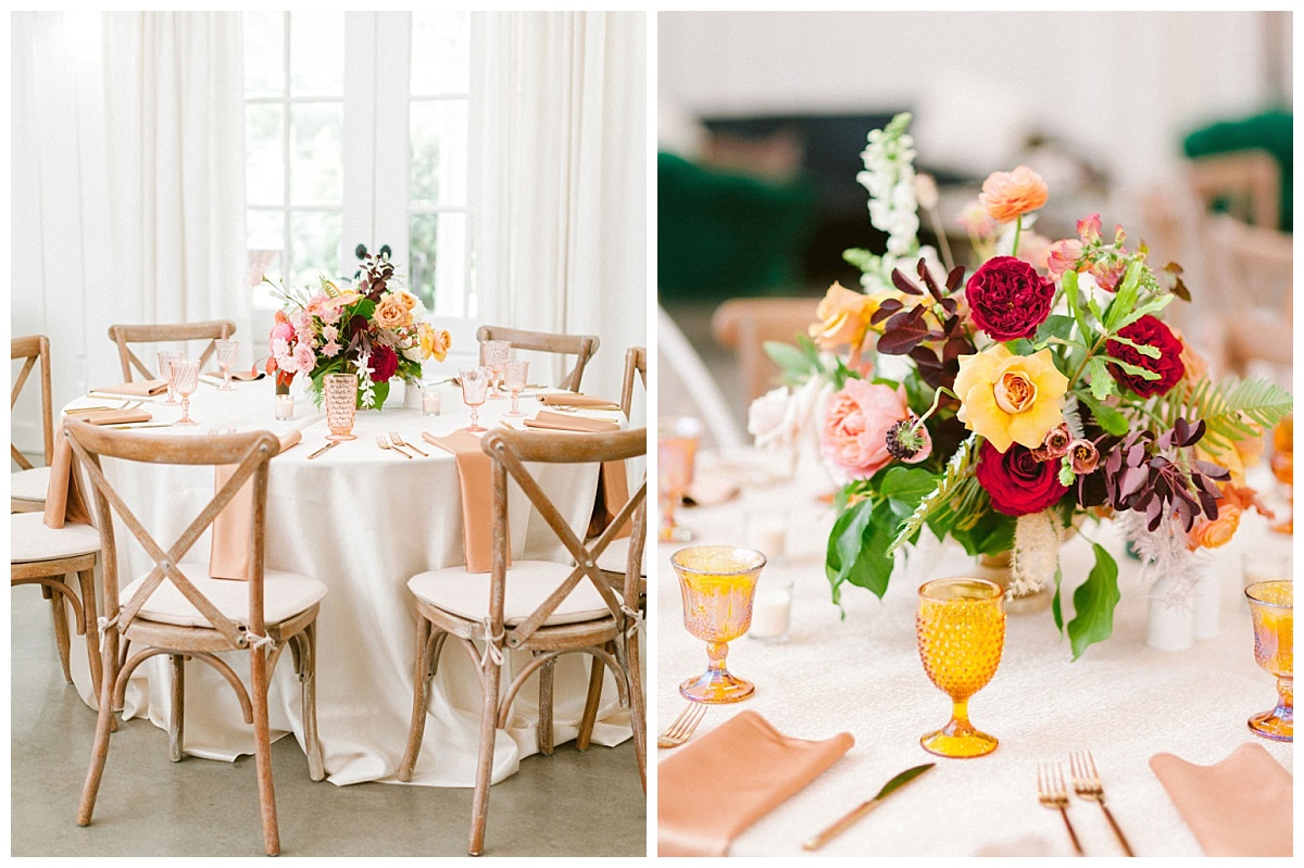 table decor and close of of floral arrangement and goblet|The Farmhouse Events Real Weddings | A Summer Vision of Love | Kristin & Rob