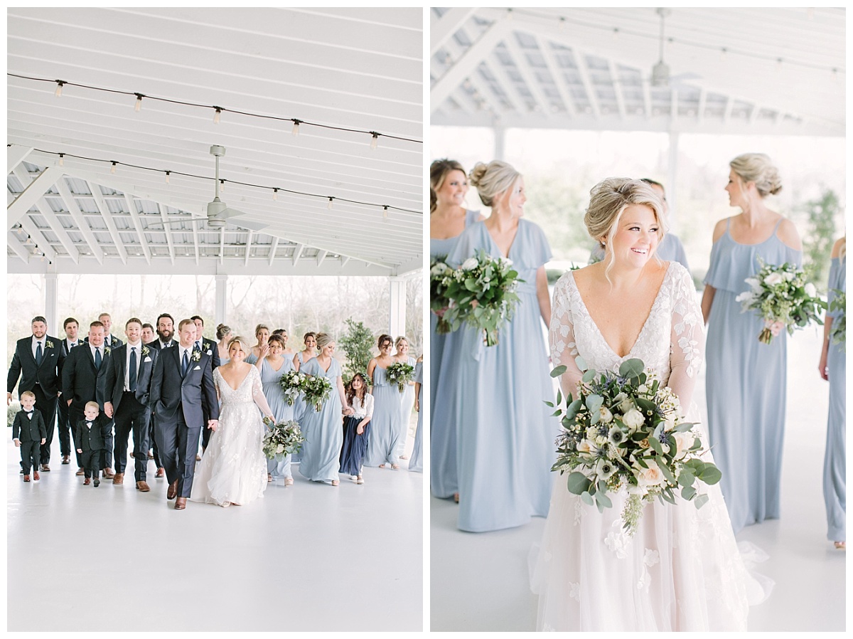 Bride and Groom accompanied by wedding party and closeup of bride with bridesmaids | The Farmhouse Events Real Weddings| A Little Something Blue| Kelly & Jarrod