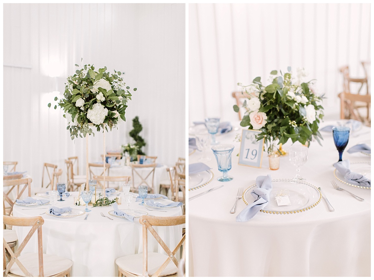 Tablesettings and floral arrangements | The Farmhouse Events Real Weddings| A Little Something Blue| Kelly & Jarrod