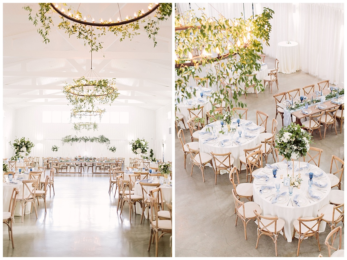 Different angles of reception space showcasing decorated chandeliers | The Farmhouse Events Real Weddings| A Little Something Blue| Kelly & Jarrod