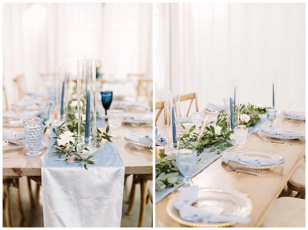 tablescape blue candles and goblets | The Farmhouse Events Real Weddings| A Little Something Blue| Kelly & Jarrod