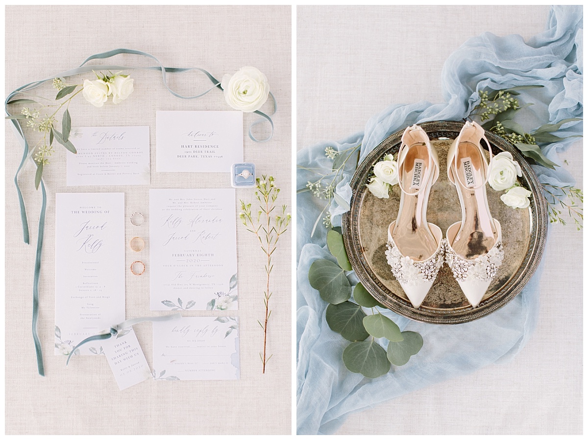 flatlay of invites and bride's details | The Farmhouse Events Real Weddings| A Little Something Blue| Kelly & Jarrod