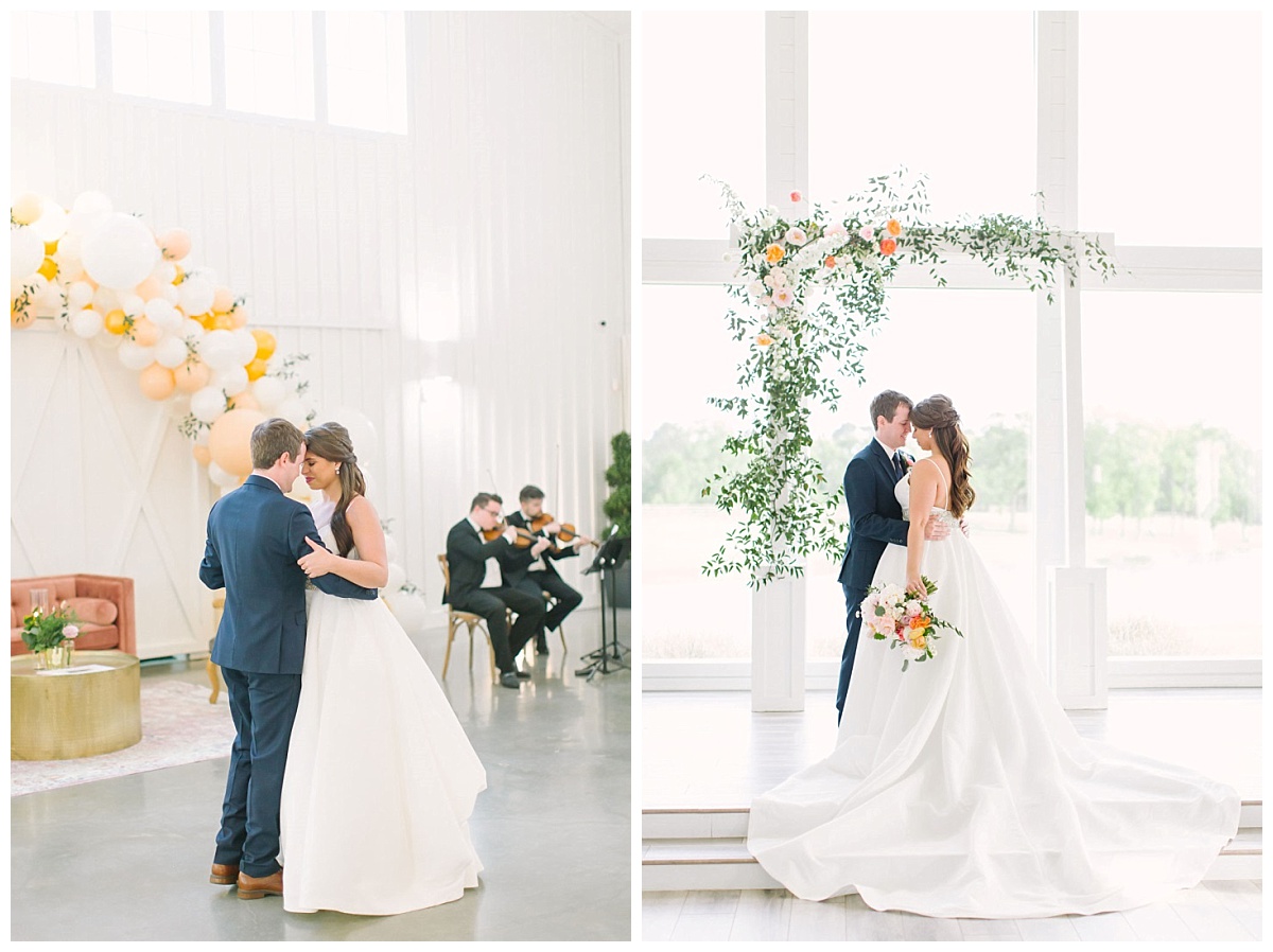 intimate embrace of bride and groom in reception space dancing and in chapel with white arbor in background | The Farmhouse Events Real Weddings| Montgomery TX| Christina & Eric 