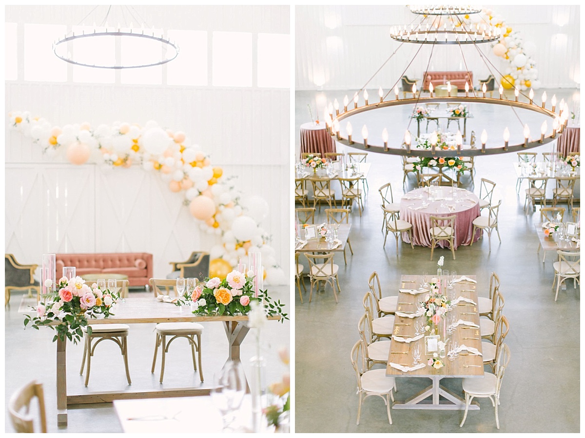 custom lounge area and balloon arch and aerial view of reception space | The Farmhouse Events Real Weddings| Montgomery TX| Christina & Eric 